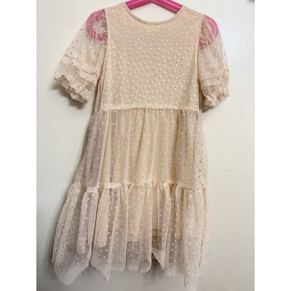 ZARA Girls Beige Tulle Polka Dot Sequin Puff Sleeve Lined Dress Size 7